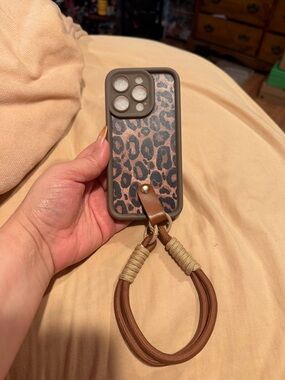 Leopard Print Brown Phone Case with Wrist Strap - Compatible